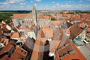 Aerial view of the town from the Town Hall Tower in Rothenburg Ob Der Tauber, Germany.