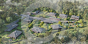 Aerial view of a townhouse village / gated community in the foggy morning, 3d render