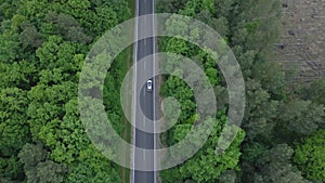 Aerial view tracking after car moving by speedway green forest by both side