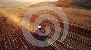 Aerial view of a tractor cultivating soil in a field during sunset