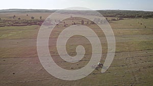 Aerial view of tractor with hay in the field. Bales of hay stacked in the trailer. Agricultural work. The concept of