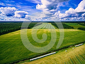 Aerial view of Tractor mowing green field in Finland