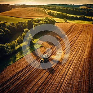 Aerial view of tractor plowing field