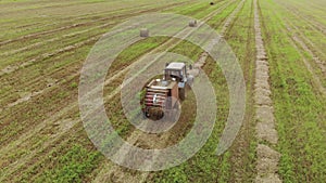 Aerial view of a tractor with a round baler which makes bales of straw on a harvested field, a concept of agribusiness