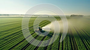 Aerial view of a tractor spraying agricultural fields. spraying herbicides on the field photo