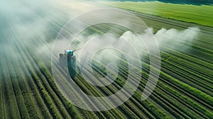 Aerial view of a tractor spraying agricultural fields. spraying herbicides on the field photo