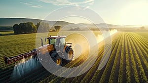 Aerial view of a tractor spraying agricultural fields. spraying herbicides on the field photo