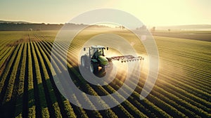 Aerial view of a tractor spraying agricultural fields. spraying herbicides on the field photo