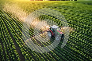 Aerial view of tractor spraying pesticides on field. Generative AI