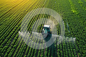 Aerial view of tractor spraying pesticides on field. Generative AI