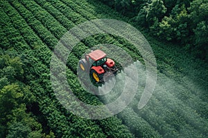 Aerial view of tractor spraying pesticides on field. Generative AI