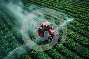 Aerial view of tractor spraying pesticides on field. Generative AI