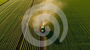 Aerial view of a tractor spraying pesticides on a green field. Generative AI