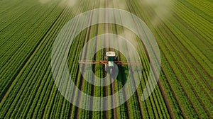 Aerial view of a tractor spraying pesticides on a green field. Generative AI