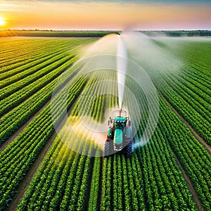 Aerial view of Tractor Spraying Pesticides on Green Soybean Plantation at