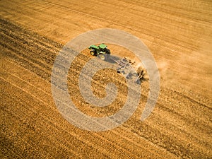 Aerial view of a tractor working a field