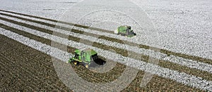 Aerial view of tractors harvesting cotton on a farm in Goias, Brazil
