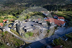 Aerial view of the traditional granaries espigueiros in the village of Soajo, in the Minho Region