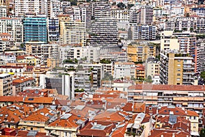 Aerial view of traditional red house roofs at the Montecarlo Town Square, Monaaco Republic