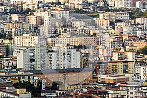 Aerial view of traditional red house roofs at the Naples Town Square, Napoli Italy . urban agglomeration