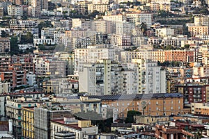 Aerial view of traditional red house roofs at the Naples Town Square, Napoli Italy . urban agglomeration