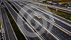 Aerial view traffic car transportation freeway motorway and ring road at evening