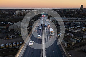 Aerial view of traffic on a city motorway at night