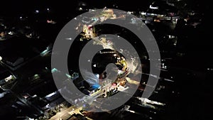 Aerial view of traffic flow at night. The sky was dark as traffic flowed down the highway