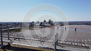 Aerial View, Traffic on Highway Bridges Above Ohio River Louisville Kentucky USA