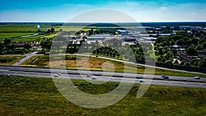 Aerial view of the traffic on A32 highway near Heerenveen town in the Netherlands