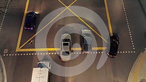 Aerial View of Traffic on a Highway. Shot. Top view from a drone of cars running on the highway at the night