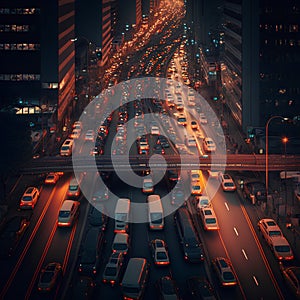 Aerial view of traffic jam in the city at night. Traffic jam in the city.