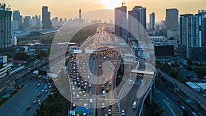 Aerial view traffic jam in city, Rush hour traffic jam in metropolis city