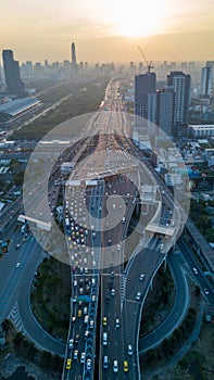 Aerial view traffic jam in city, Rush hour traffic jam in metropolis city at sunset