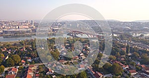 Aerial view of a traffic jam over Gazela bridge in Belgrade