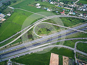 aerial view of traffic junction and transportation road in city, top and birdeyes view shot 90 degree, blur background