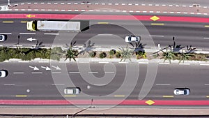 Aerial view of traffic on a multi lane Highway.