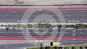 Aerial view of traffic on a multi lane Highway.