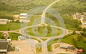 Aerial view of traffic roundabout in spring morning, Kuldiga, Latvia