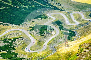 Aerial view of traffic on Transfagarasan pass