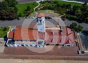 Aerial view of the Train Depot in Boise Idaho with green city park