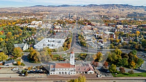 Aerial view of Train depot and Boise Idaho with lots of autumn t