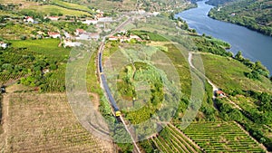 Aerial view train in Douro valley