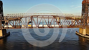 Aerial View of a Train on a Railroad Bridge Crossing the Delaware River