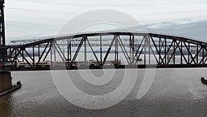 Aerial View of a Train on a Railroad Bridge Crossing the Delaware River