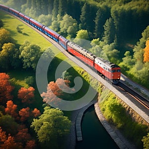 Aerial view of train top view with beautiful landscape in the forest generative by AI