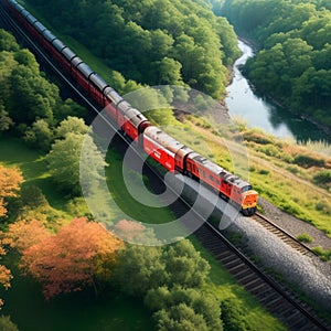 Aerial view of train top view with beautiful landscape in the forest generative by AI