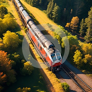 Aerial view of train top view with beautiful landscape in the forest generative by AI