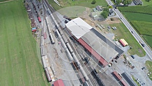 Aerial View of a Train Yard with a Steam Engine N&W 611 Warming Up