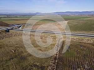 Aerial view of Trakia highway, near Stara Zagora, Bulgaria